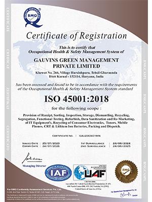 ISO 45001:2018 Certificate for Gauvins Green